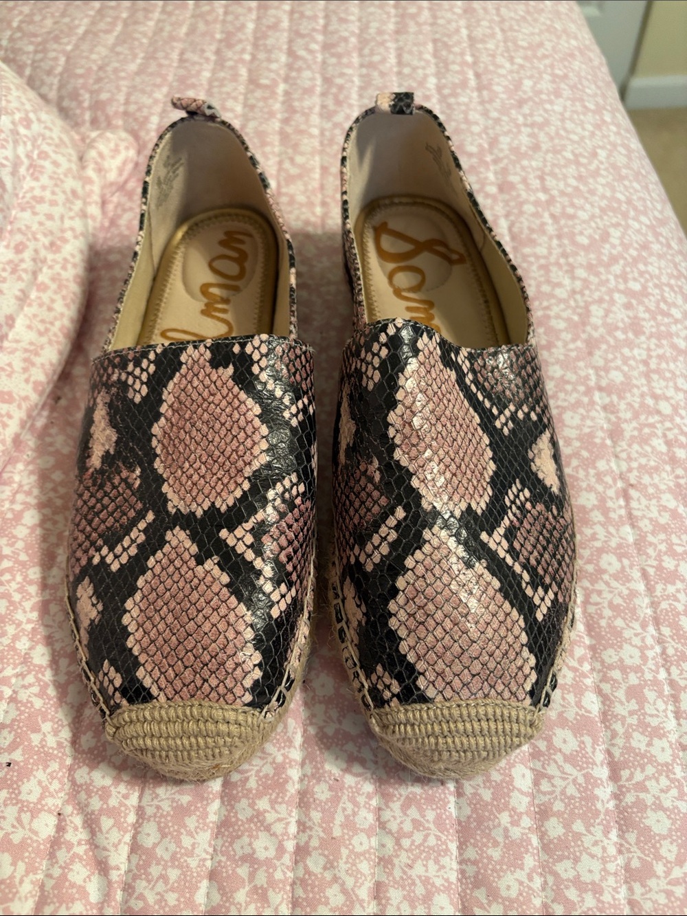 Sam Edelman Rare Pink and Black Snake-Print Espadrille Flats